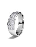 Anillo de compromiso de oro blanco 18K de forma redondeada y tres tiras de brillantes