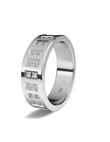 Anillo de compromiso de oro blanco 18K de forma recta y moderna con mosaico de brillantes superior y acabado especial