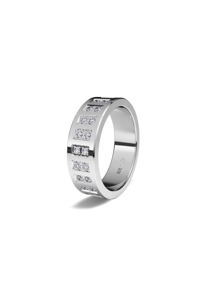 Anillo de compromiso de oro blanco 18K de forma recta y moderna con mosaico de brillantes superior y acabado especial