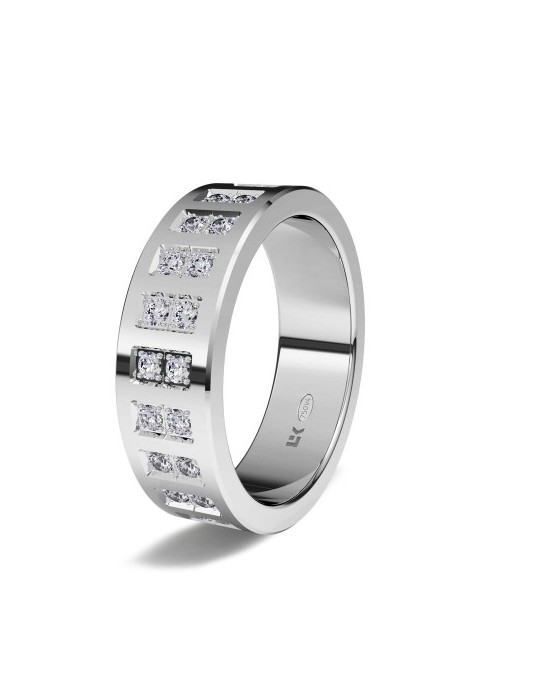 Anillo de compromiso de oro blanco 18K de forma recta y moderna con mosaico de brillantes superior y acabado especial