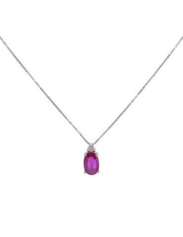 Colgante de oro blanco 18K con rubí oval y brillante de 0,01 ctes
