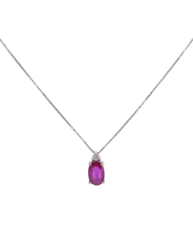 Colgante de oro blanco 18K con rubí oval y brillante de 0,01 ctes