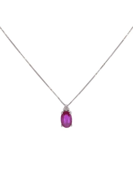 Colgante de oro blanco 18K con rubí oval y brillante de 0,01 ctes