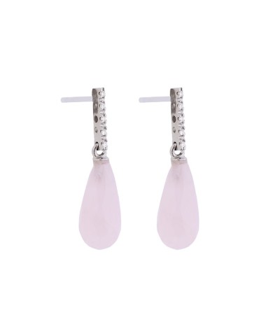 Pendientes de oro blanco 18K con barrita, cuarzo rosa talla pera y brillantes de 0,10 ctes