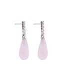 Pendientes de oro blanco 18K con barrita, cuarzo rosa talla pera y brillantes de 0,10 ctes