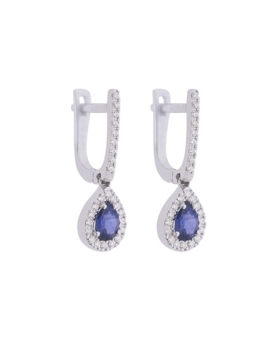 Pendientes de oro blanco 18K tipo media criolla con zafiros pera y bisel de brillantes