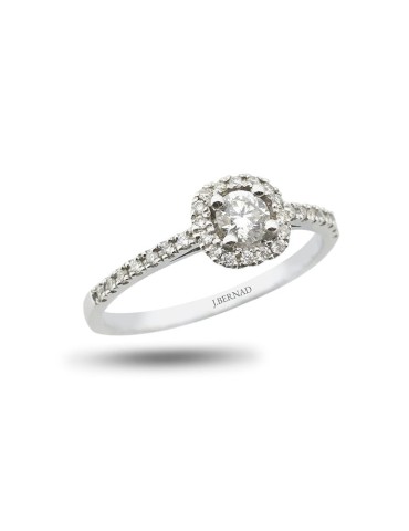 Anillo de oro blanco 18K con brillante central, bisel de diamantes y brazo engastado – 0,37 ctes