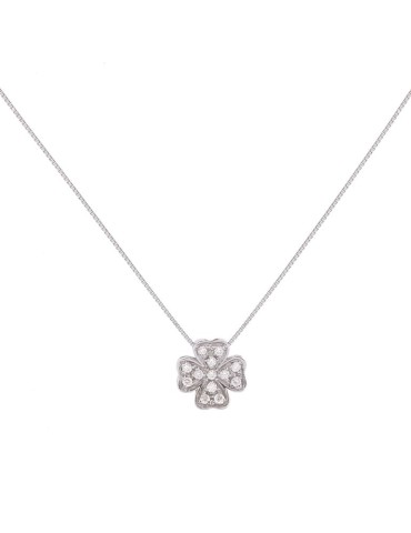 Colgante de oro blanco 18K con trébol de cuatro hojas y brillantes de 0,05 ctes